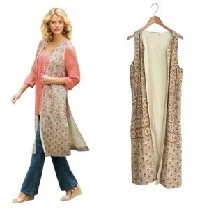Soft Surroundings Alhambra Tan Peach Beaded Long Duster Vest S/M